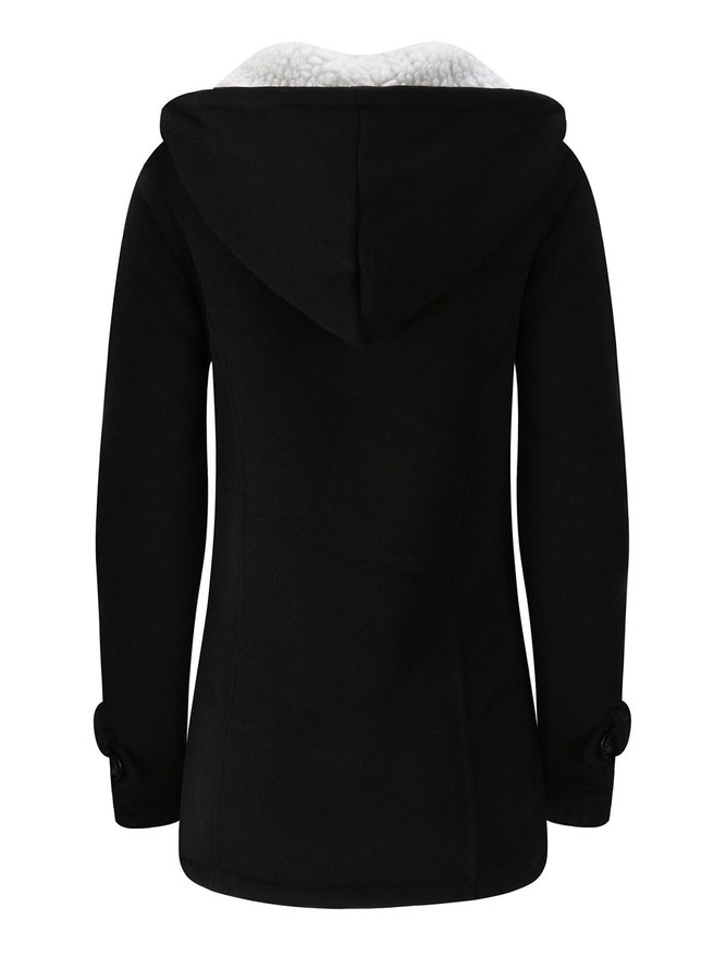 Women Horn Button Coton Fleece Hooded Duffle Coat